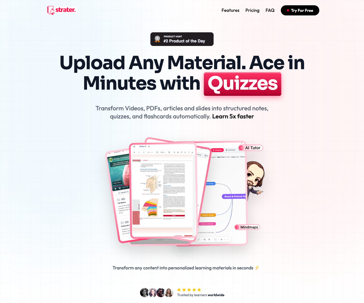 Strater AI: Notetaker, Mindmap, Quizzes landing page screenshot