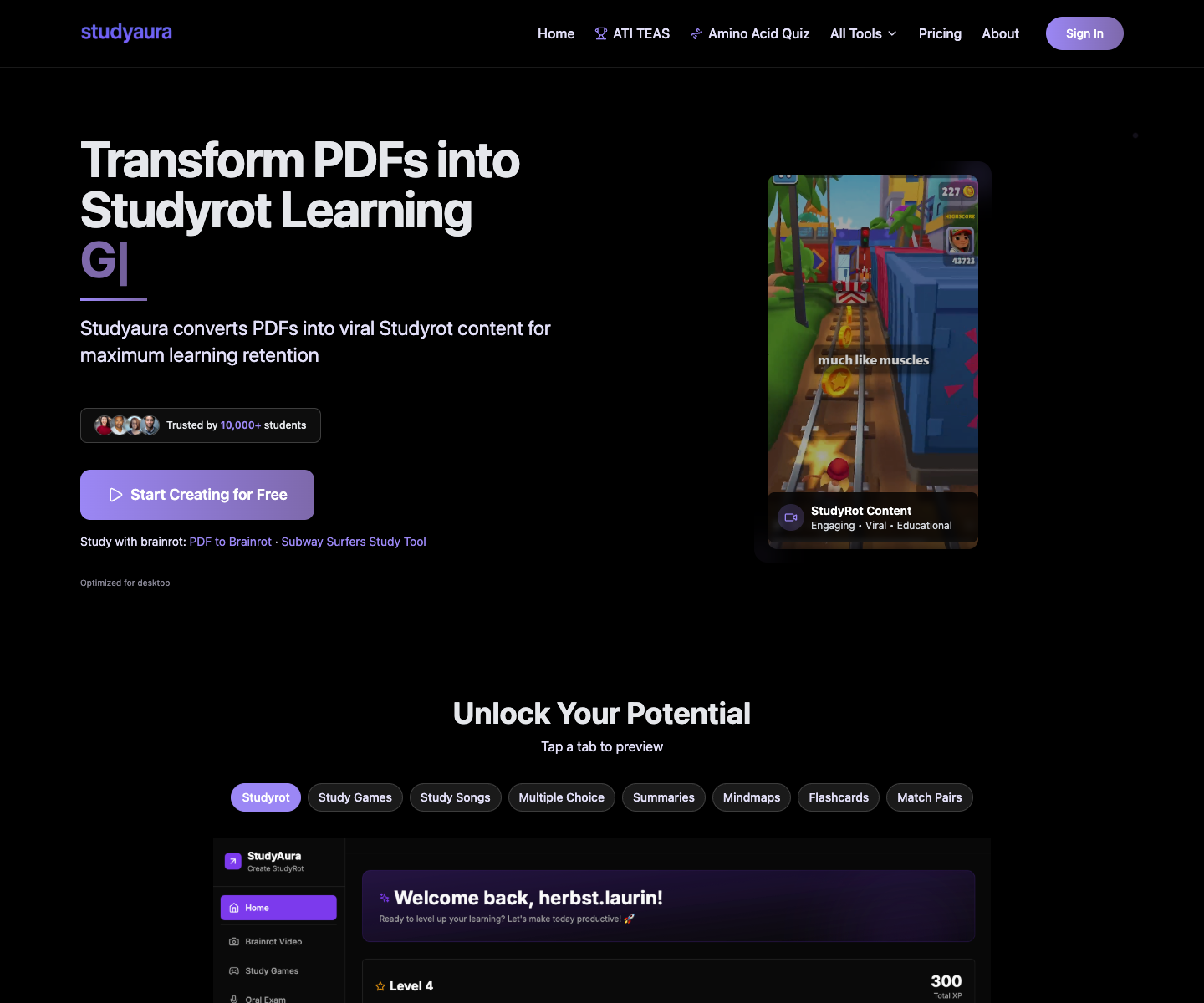 Studyaura: Viral AI "Brainrot" Study App landing page screenshot