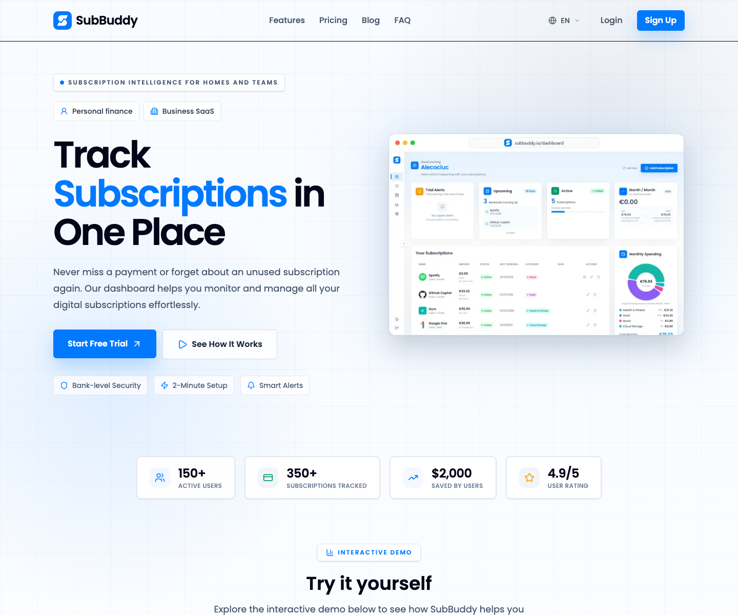 SubBuddy landing page screenshot