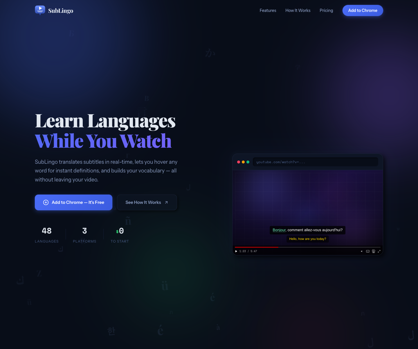 SubLingo landing page screenshot