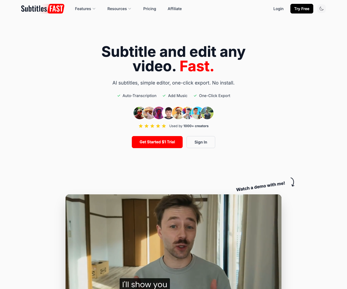 SubtitlesFast landing page screenshot