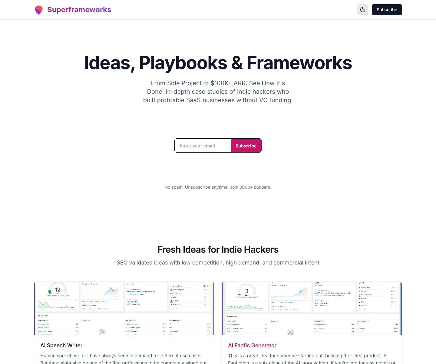 Superframeworks landing page screenshot