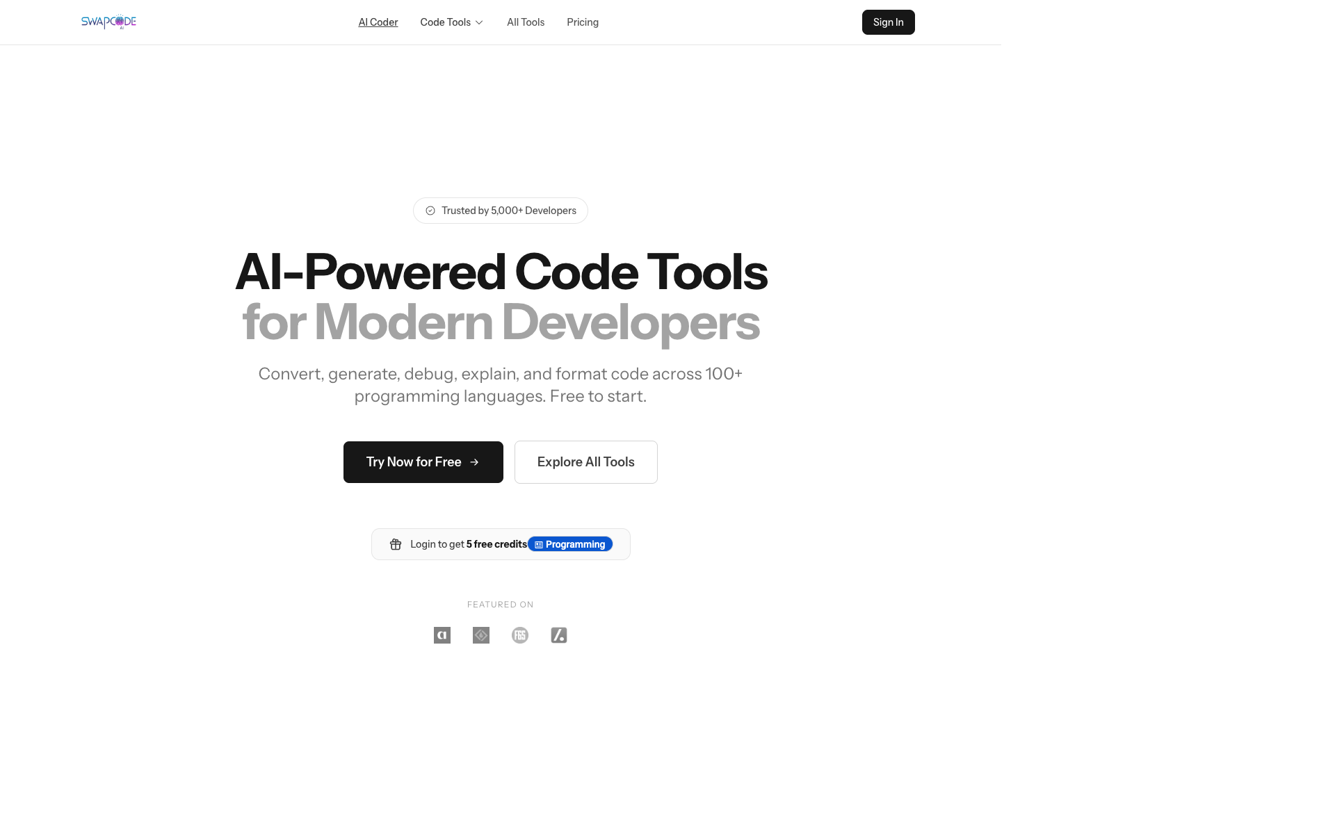 Swapcode.ai landing page screenshot