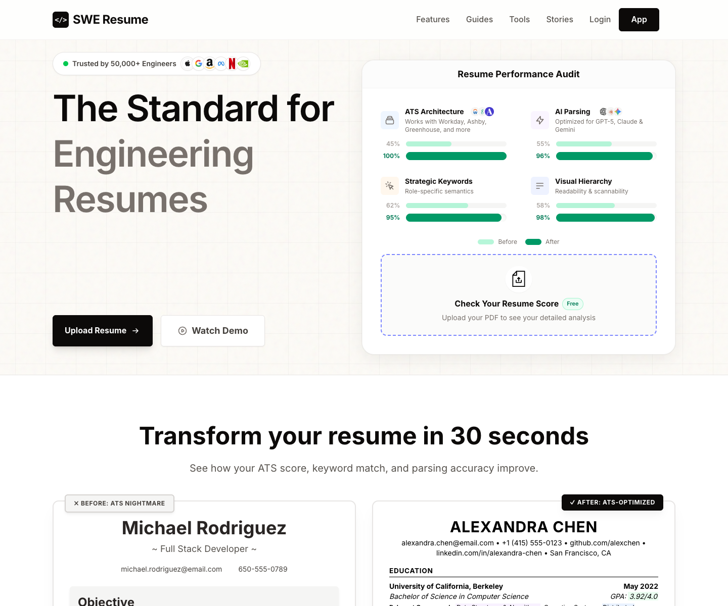 SWE resumes landing page screenshot
