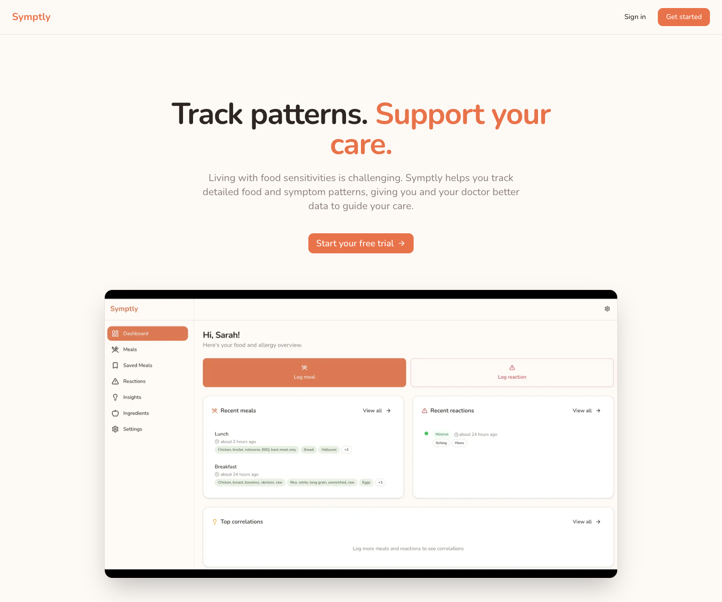 Symptly landing page screenshot