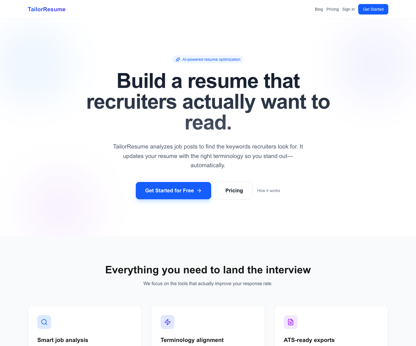 TailorResume landing page screenshot