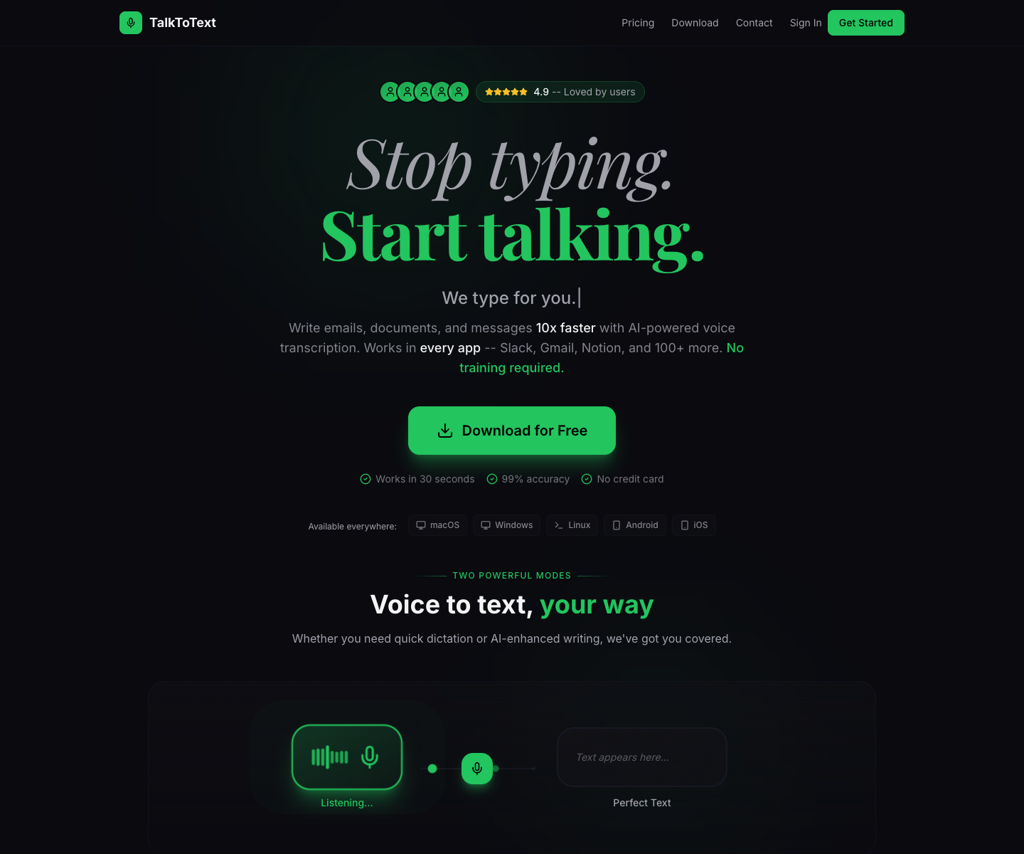 TalktoText.ai landing page screenshot