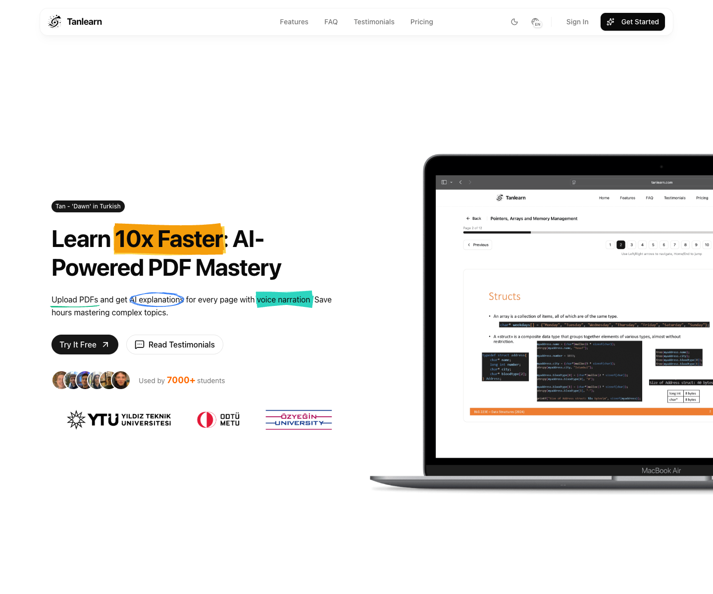 Tanlearn landing page screenshot