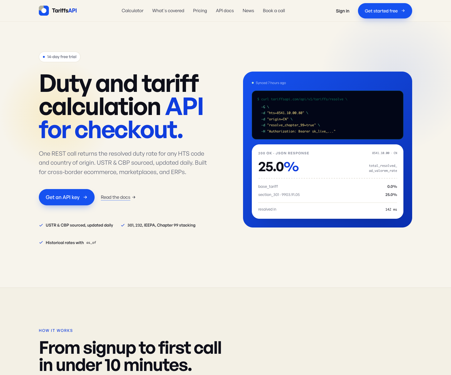 TariffsAPI landing page screenshot