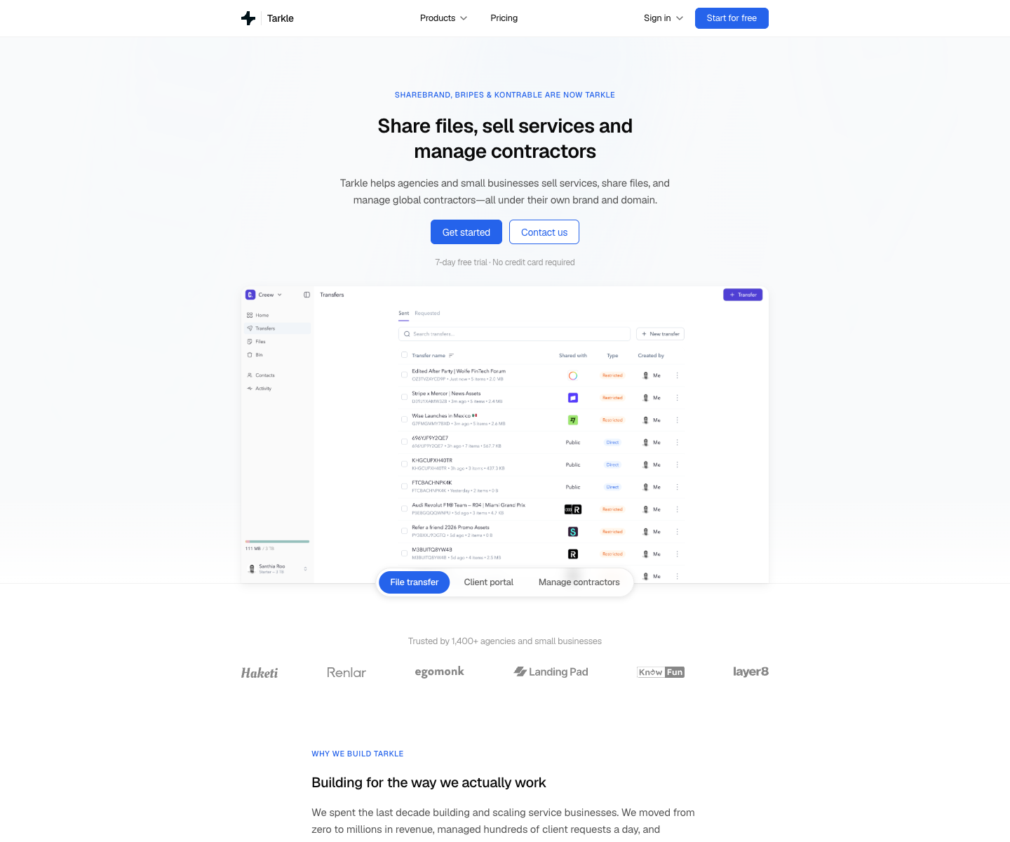 Tarkle landing page screenshot