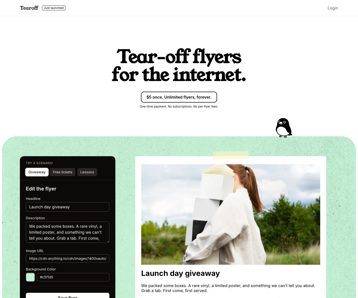 Tearoff landing page screenshot