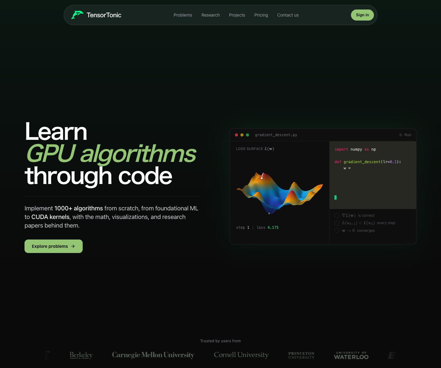 TensorTonic landing page screenshot