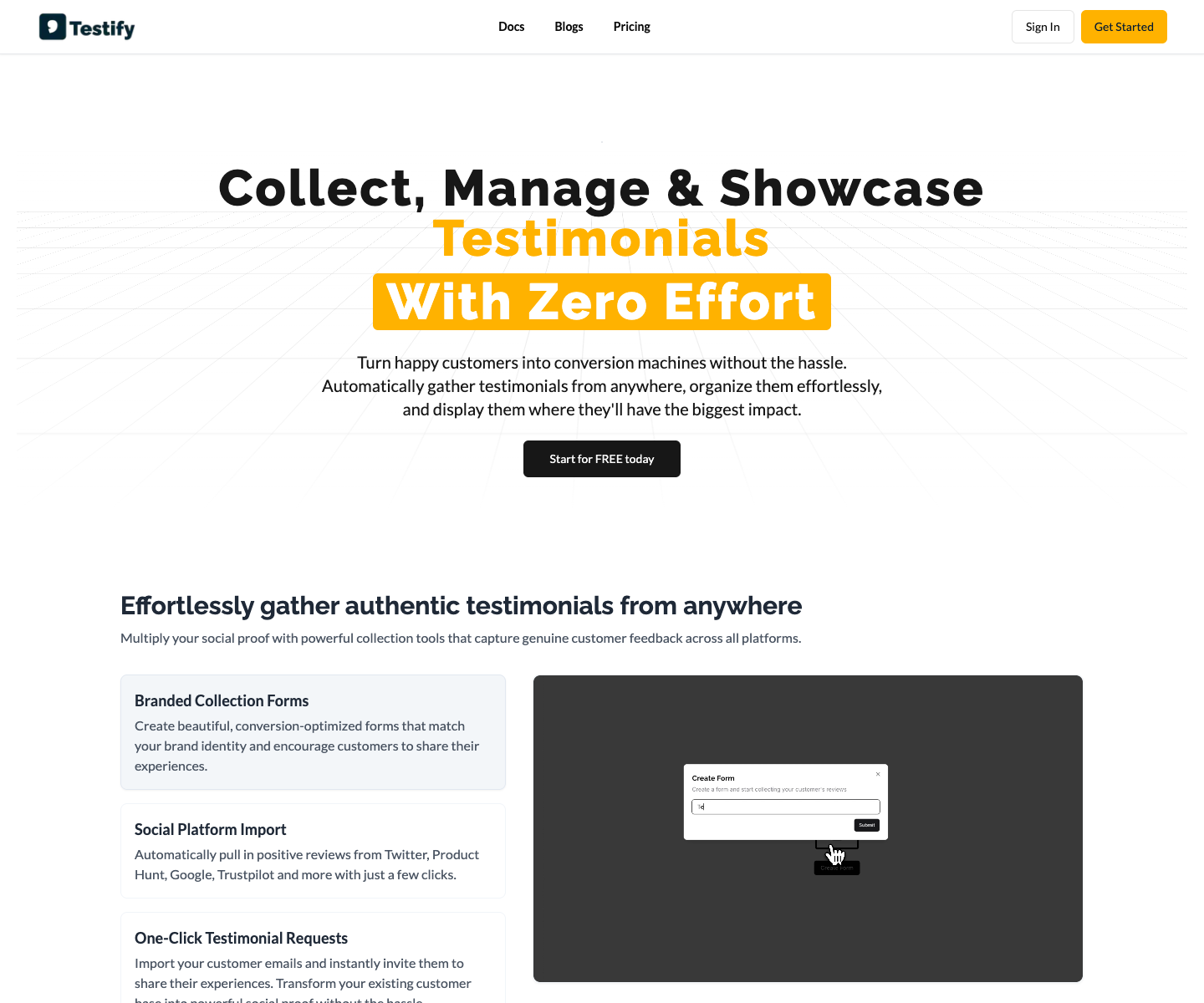 Testify landing page screenshot