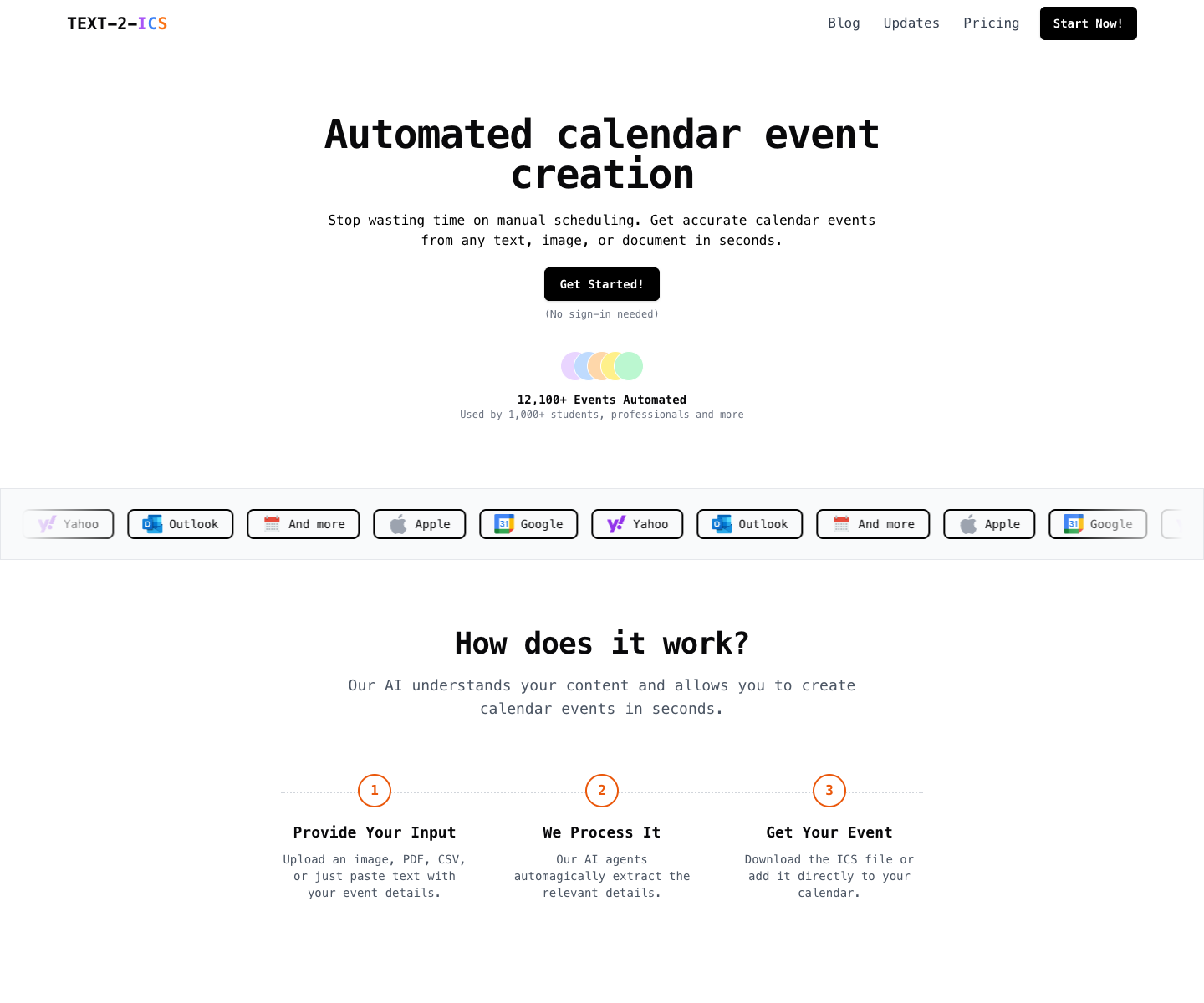 TEXT-2-ICS landing page screenshot