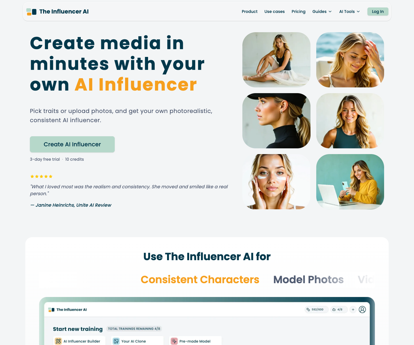 The Influencer AI landing page screenshot