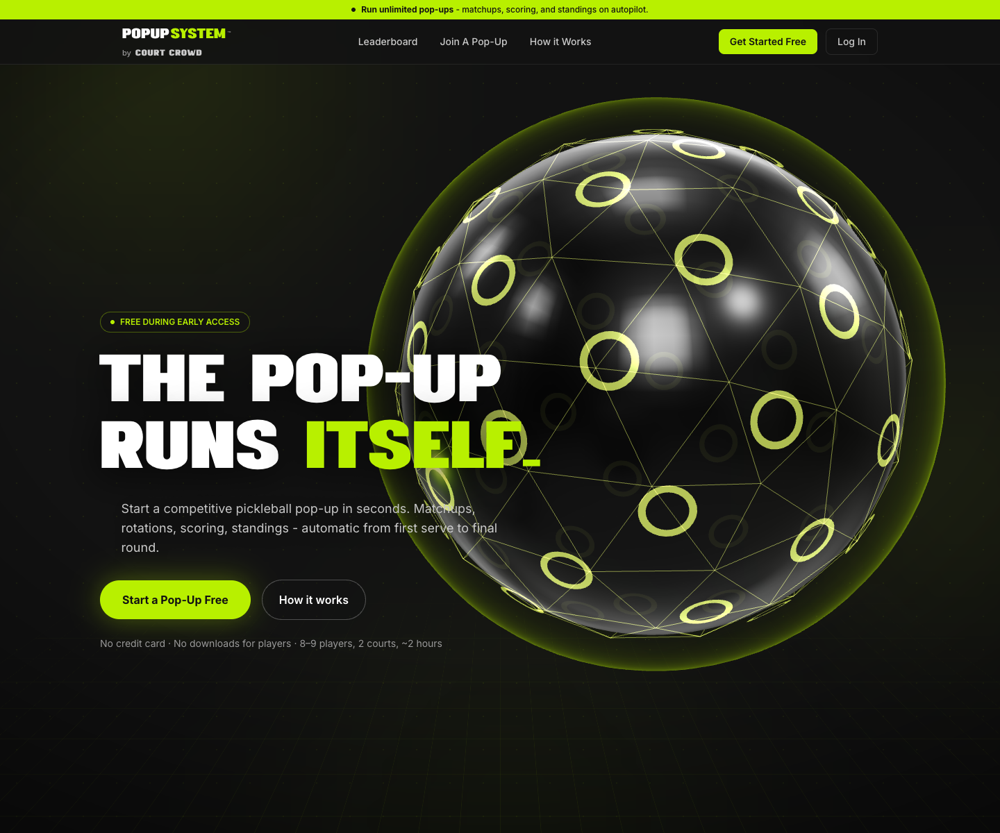 The PopUp System landing page screenshot