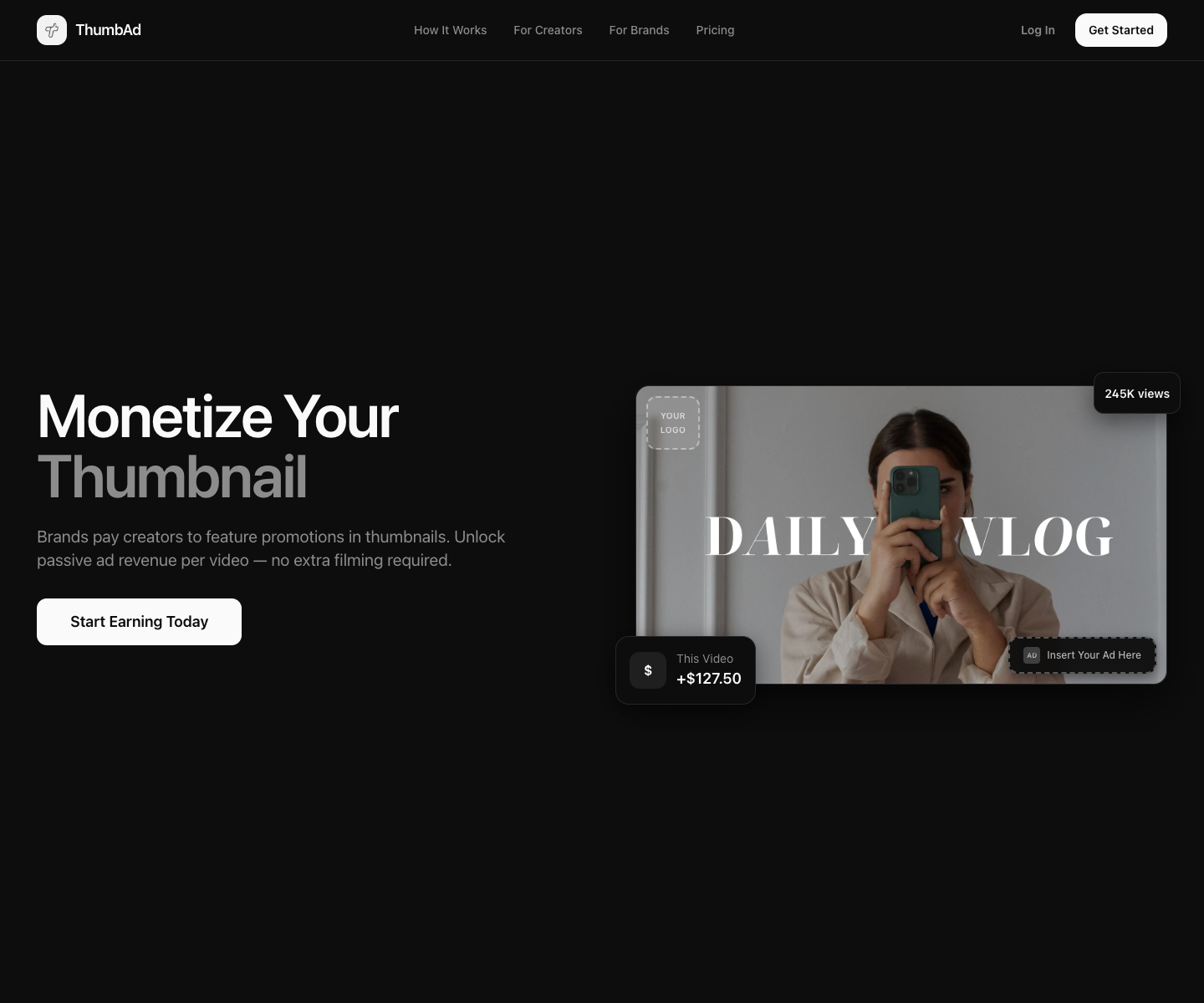 ThumbAd landing page screenshot