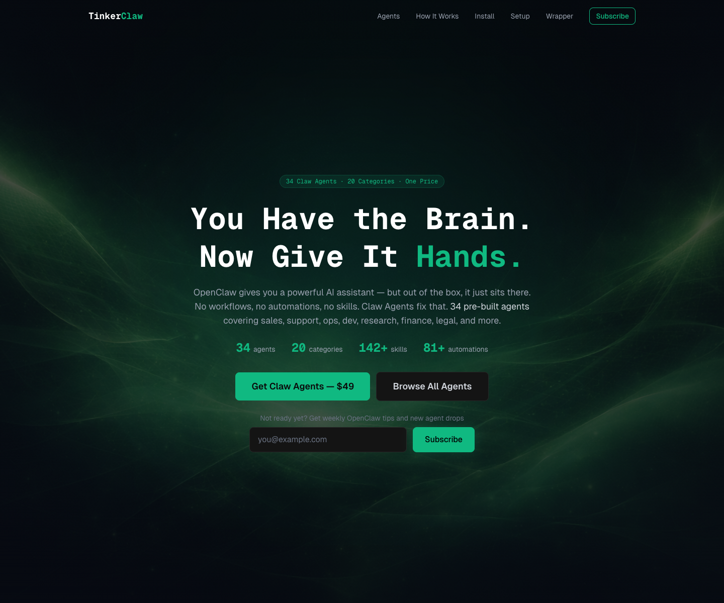 TinkerClaw landing page screenshot