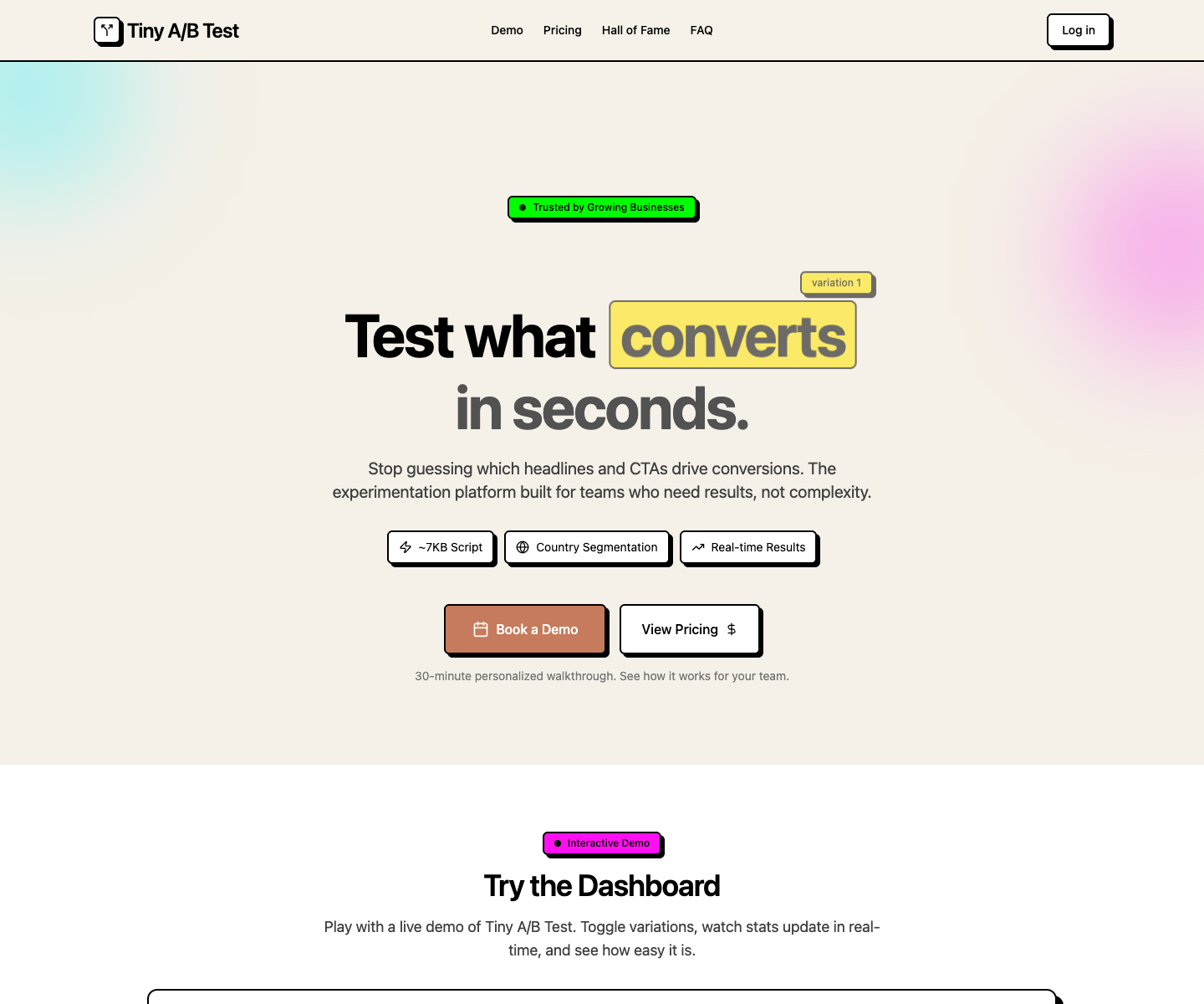 Tiny A/B Test landing page screenshot