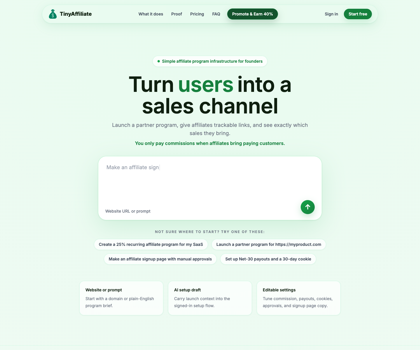 Tinyaffiliate.com landing page screenshot