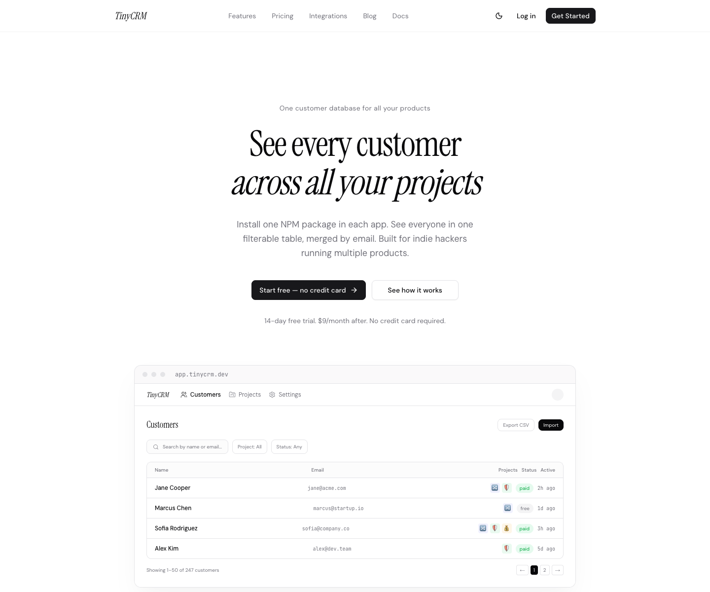 tinyCRM landing page screenshot