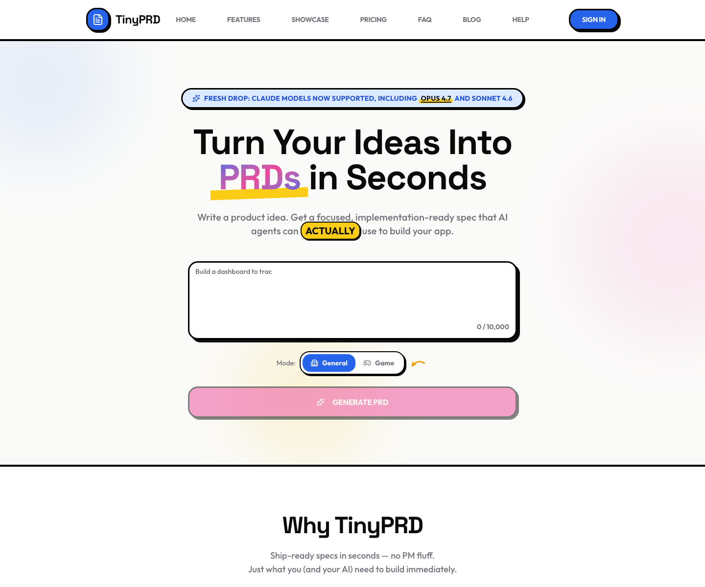TinyPRD landing page screenshot