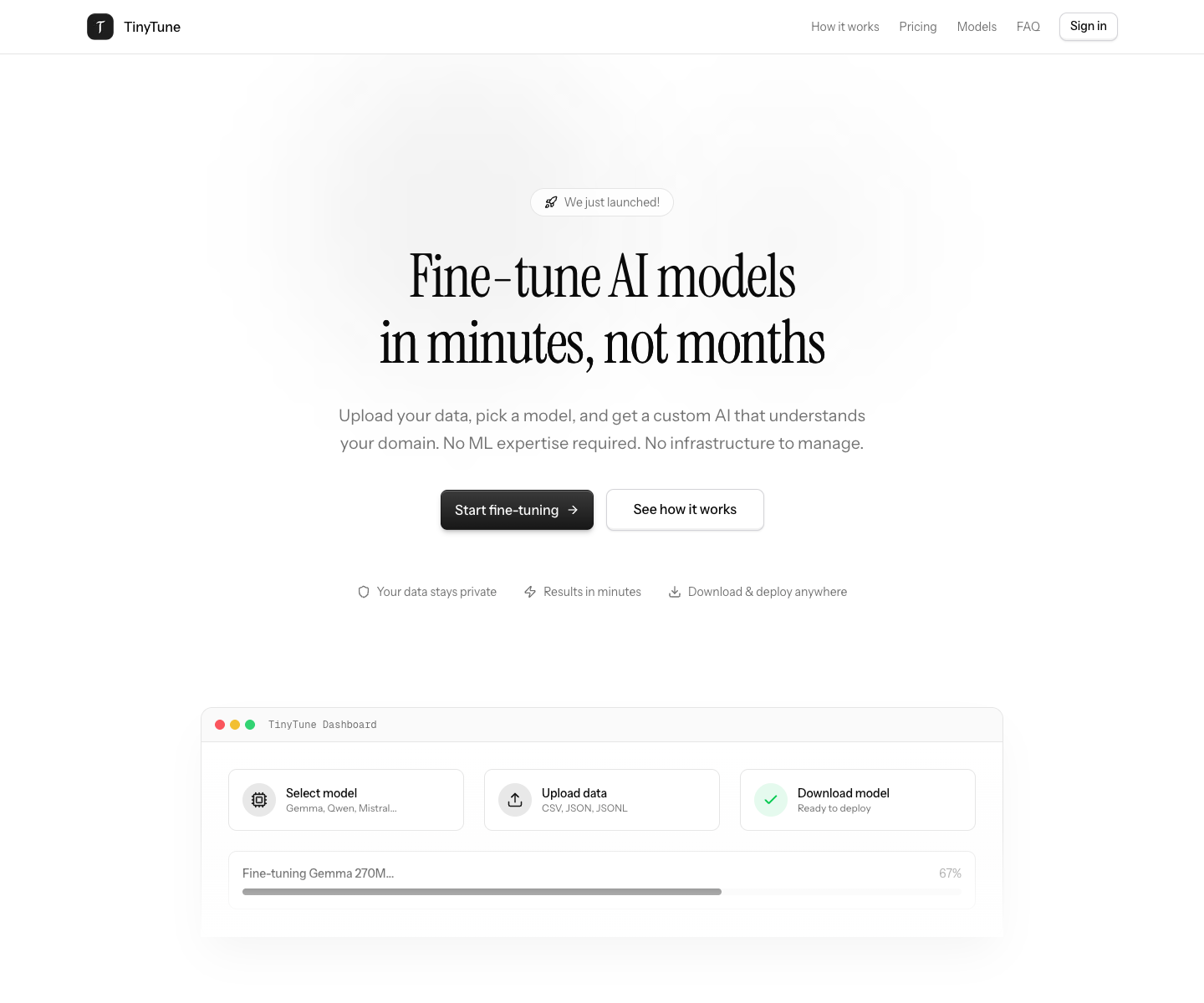 TinyTune landing page screenshot