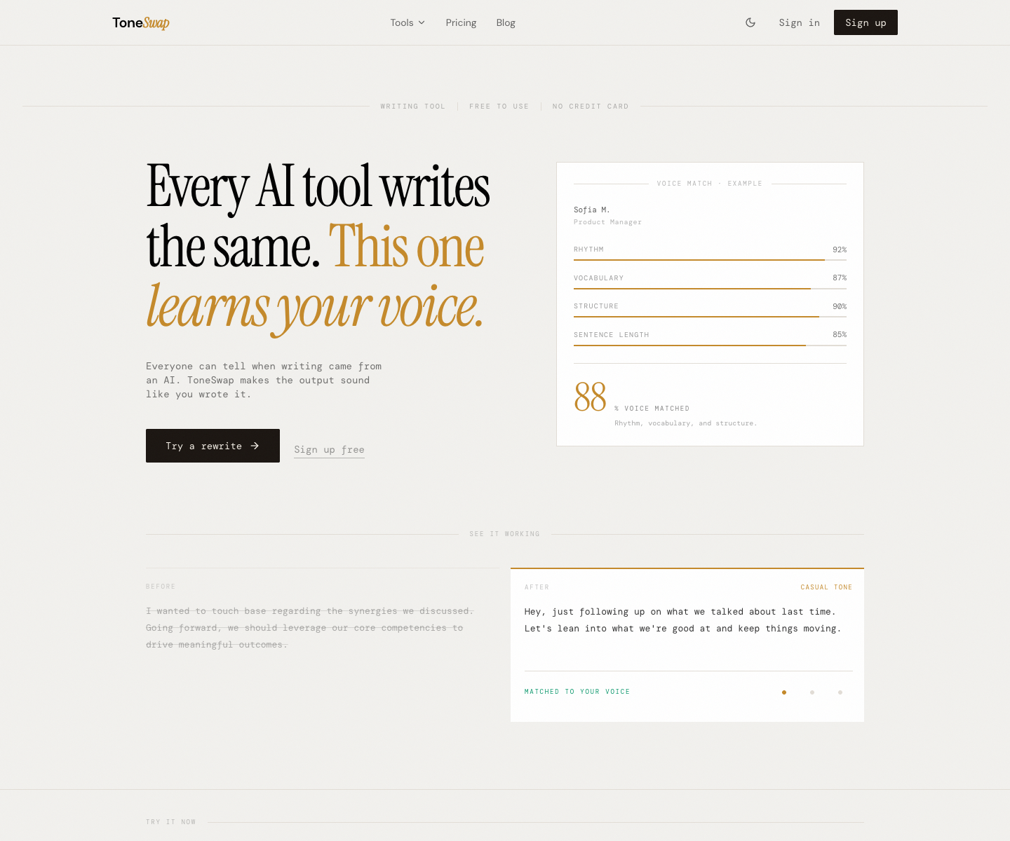 ToneSwap landing page screenshot