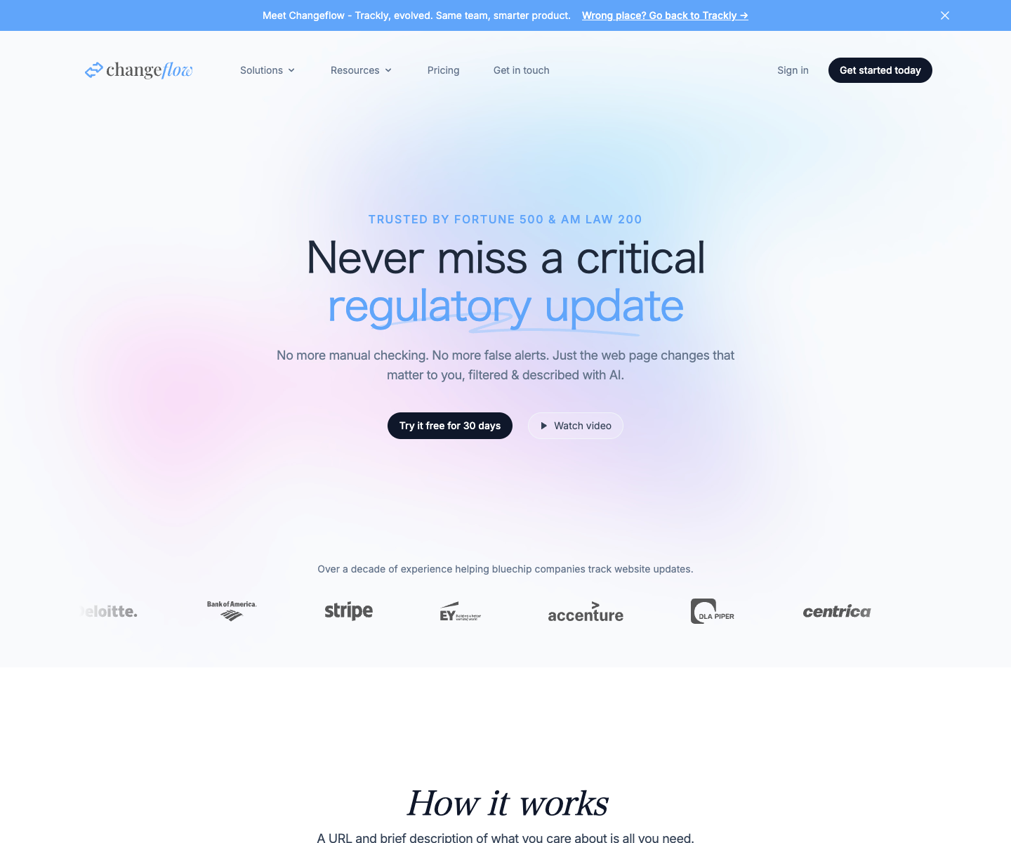 Trackly c/o Changeflow Ltd landing page screenshot