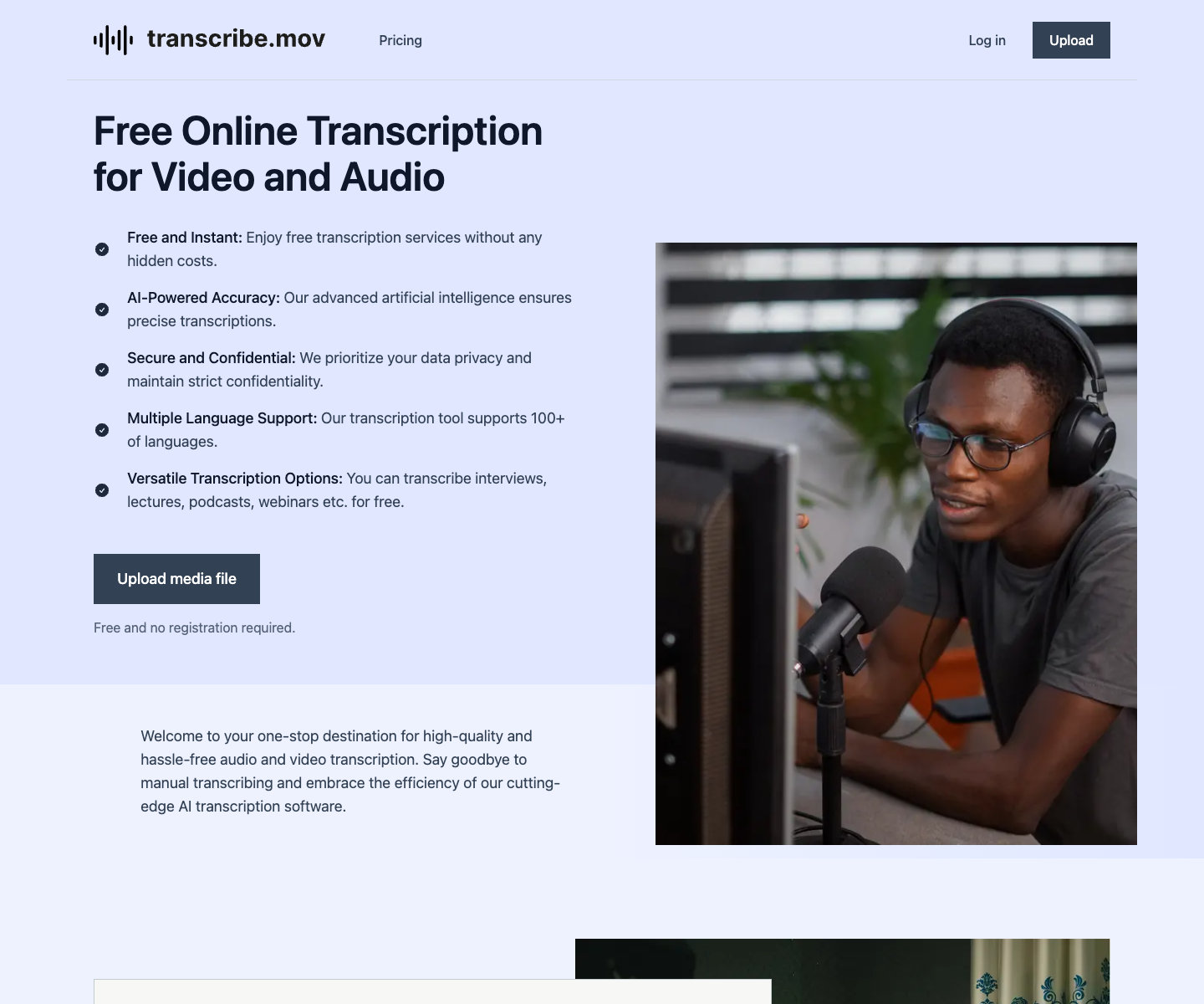 transcribe.mov landing page screenshot
