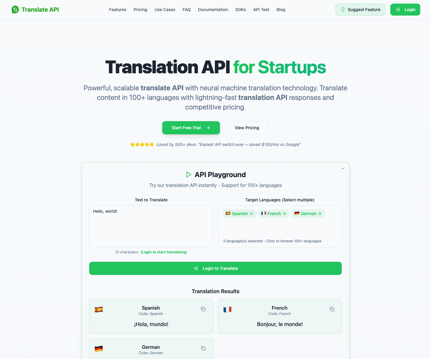 Translate-API.com landing page screenshot