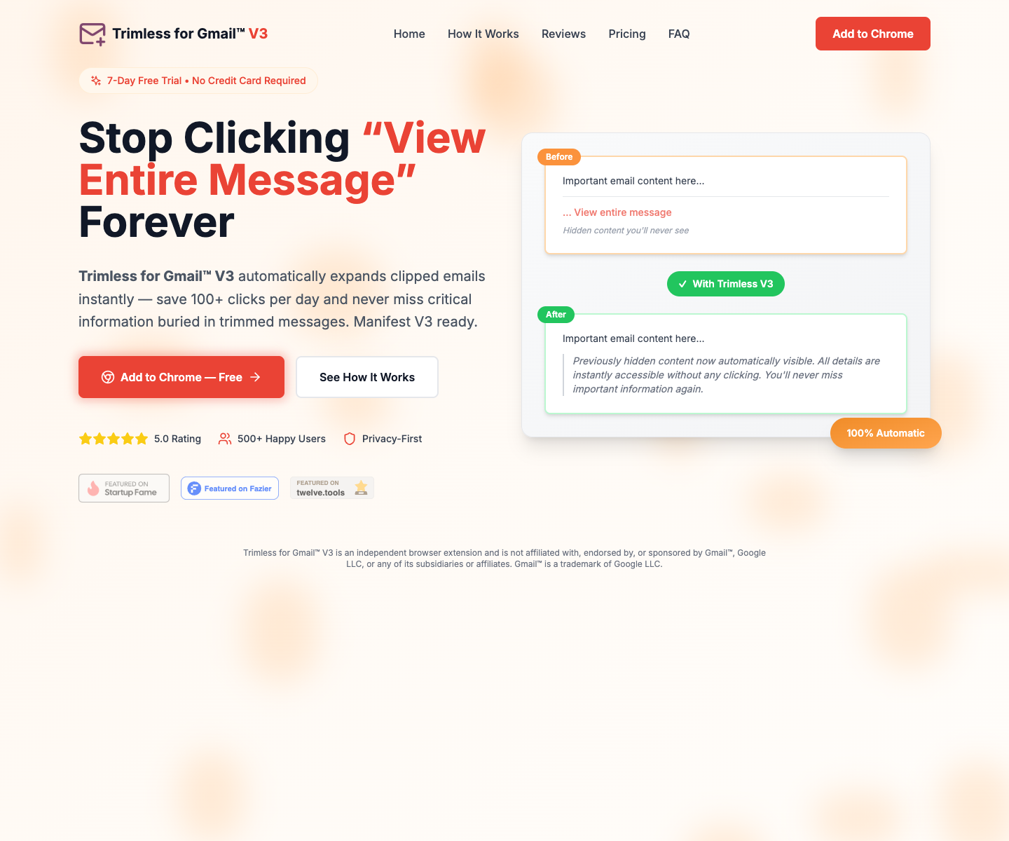 Trimless for Gmail V3 landing page screenshot