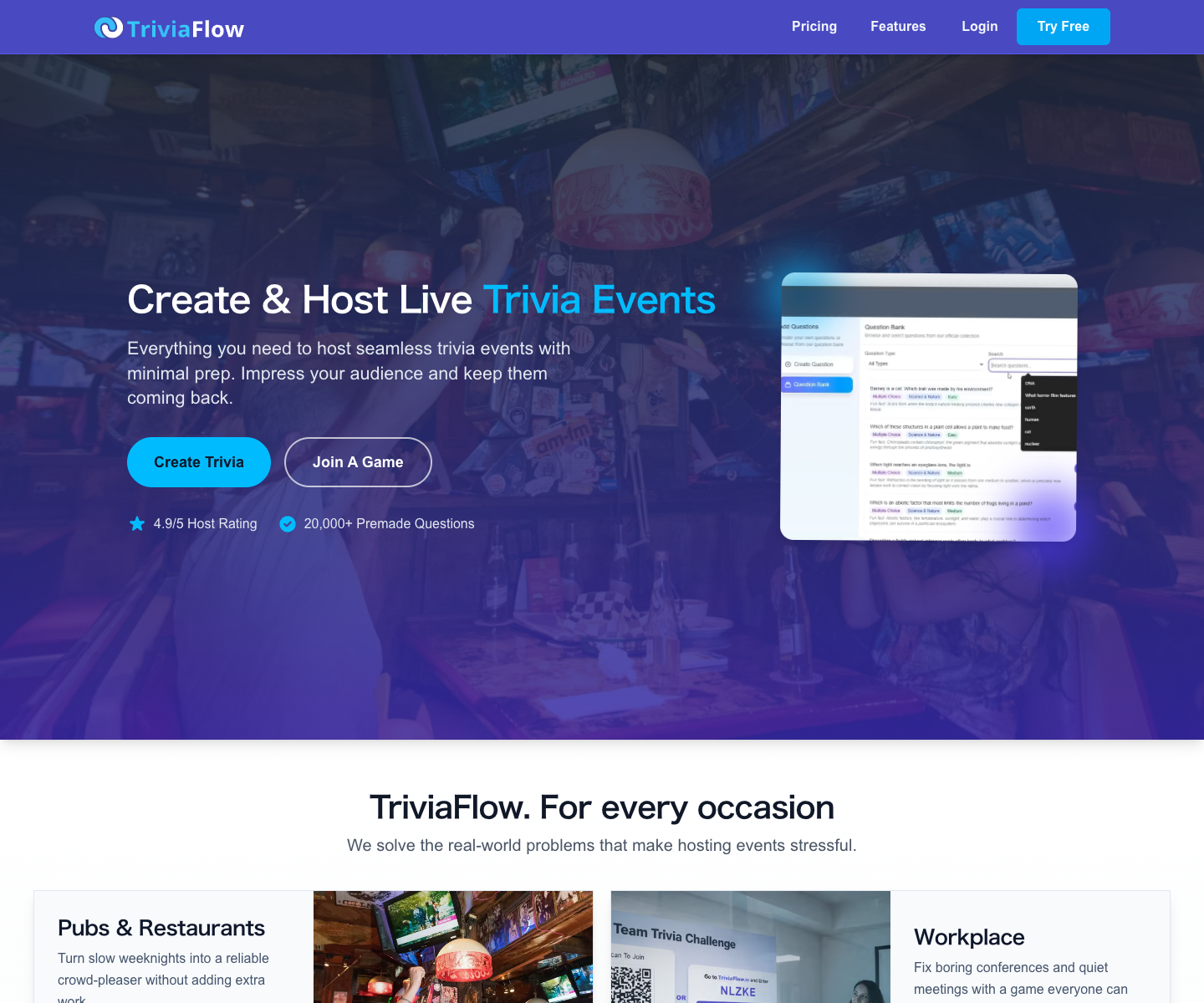 Trivia Flow landing page screenshot