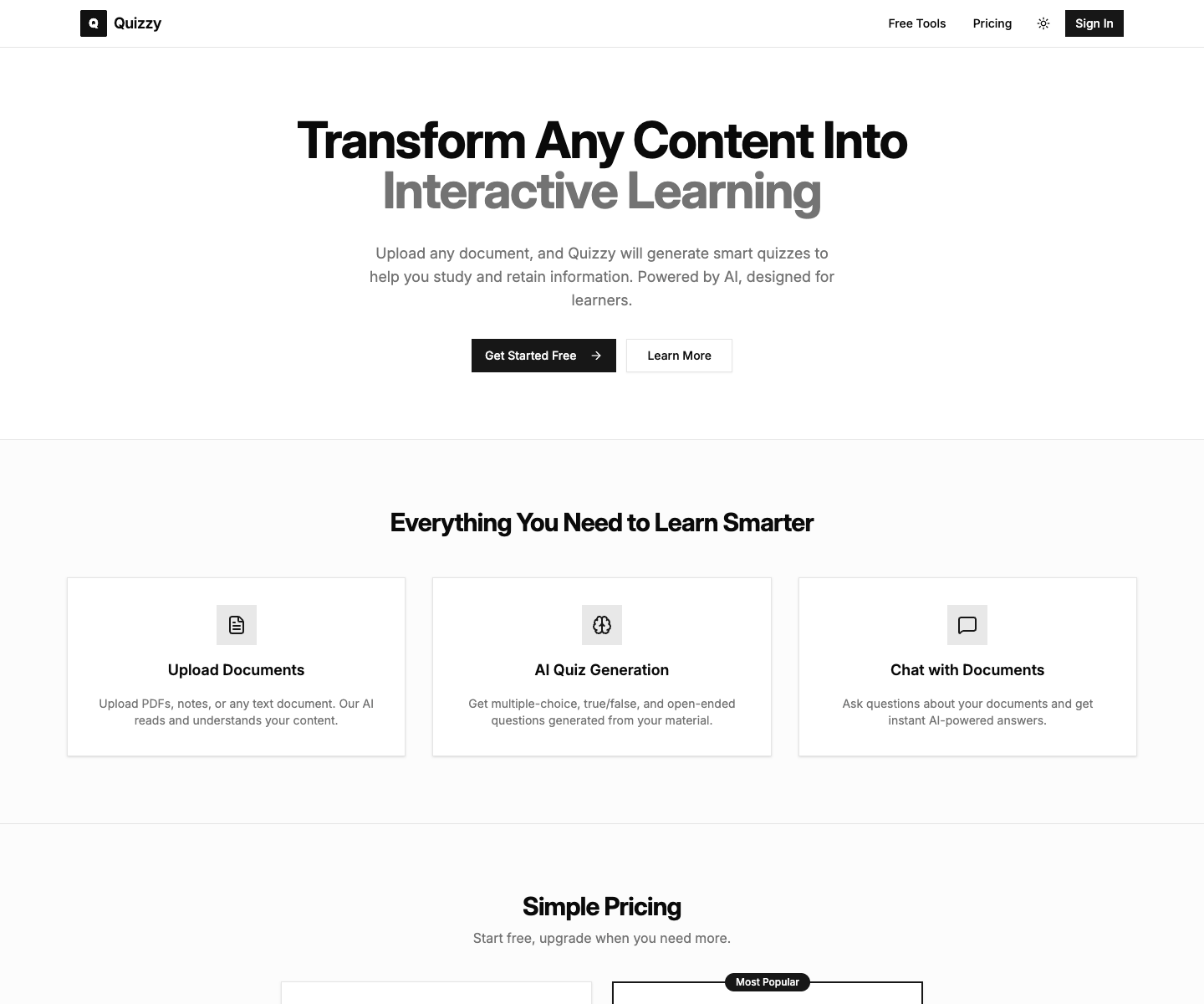 tryquizzy landing page screenshot
