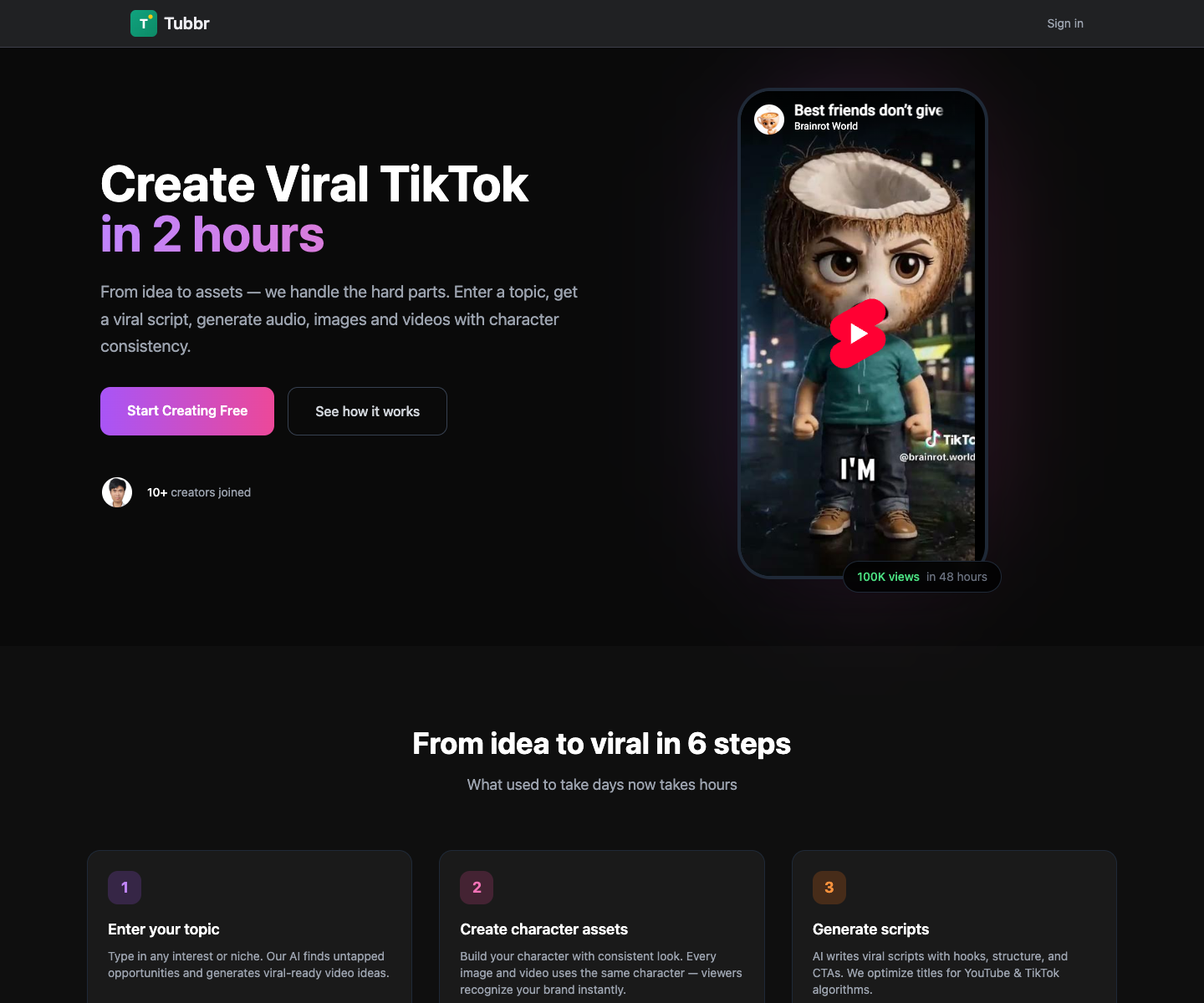 TryTubbr landing page screenshot