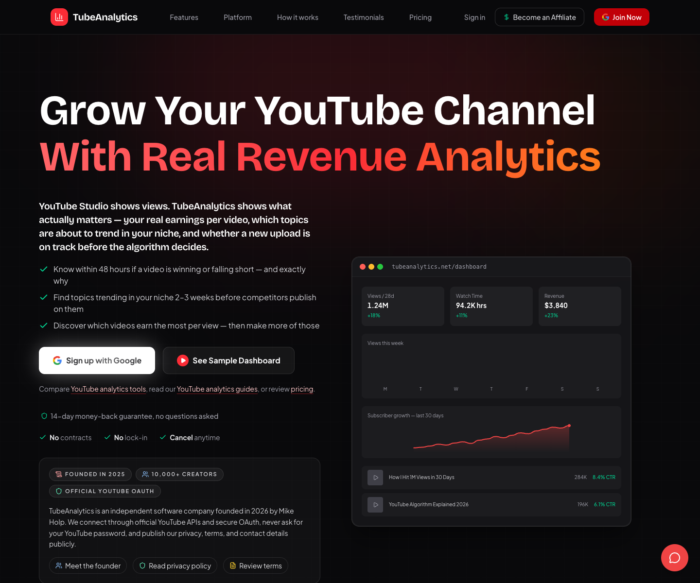 TubeAnalytics landing page screenshot