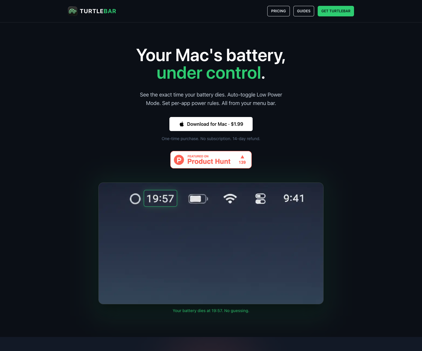 TurtleBar landing page screenshot