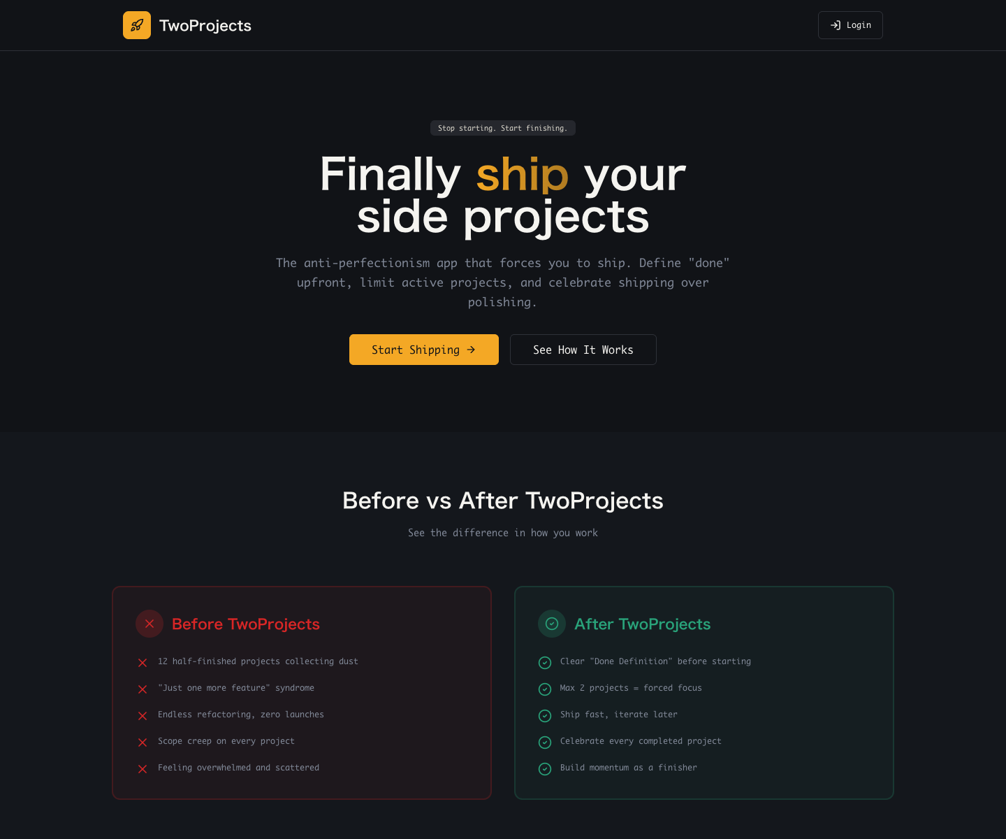 twoprojects landing page screenshot