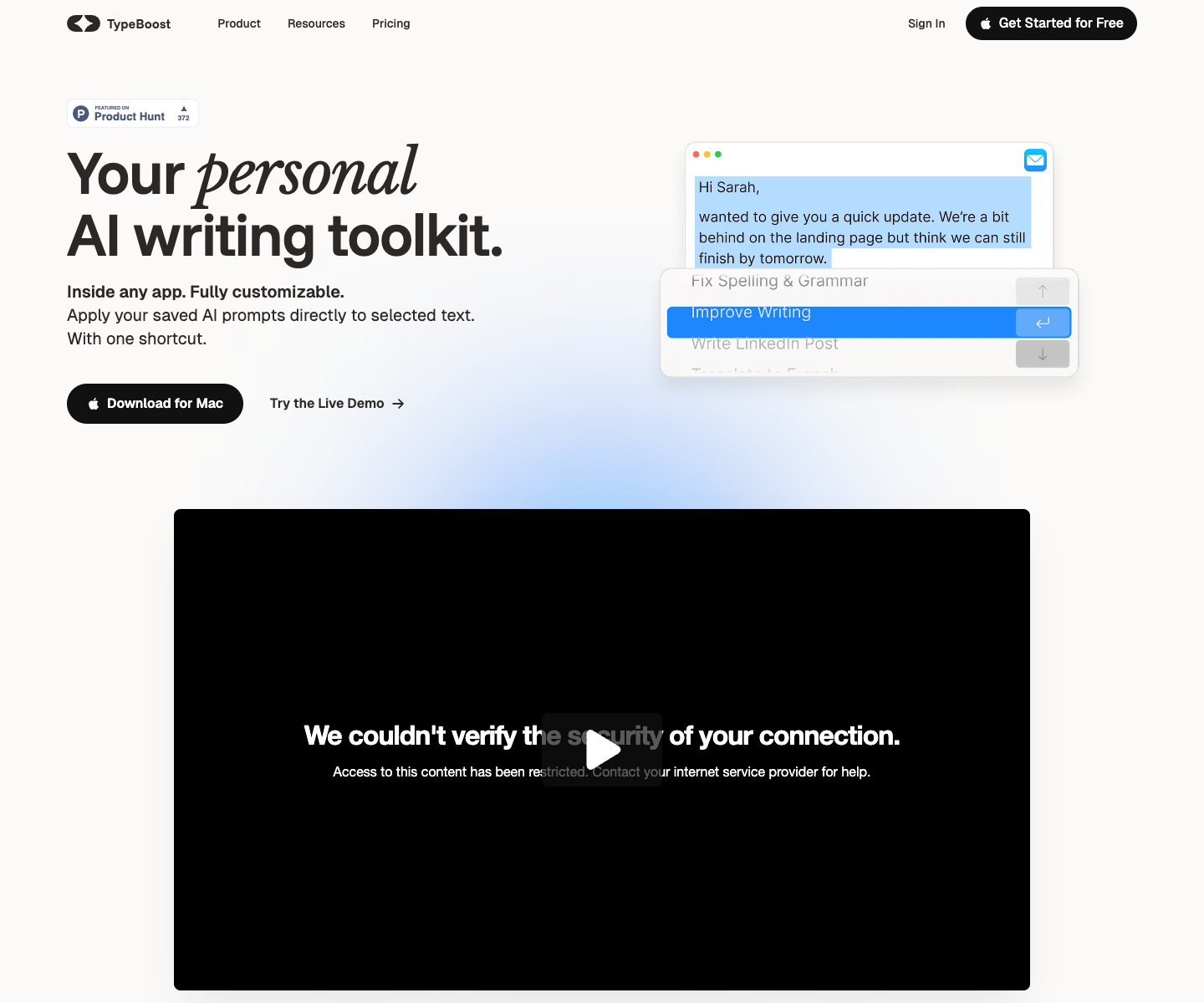 TypeBoost landing page screenshot