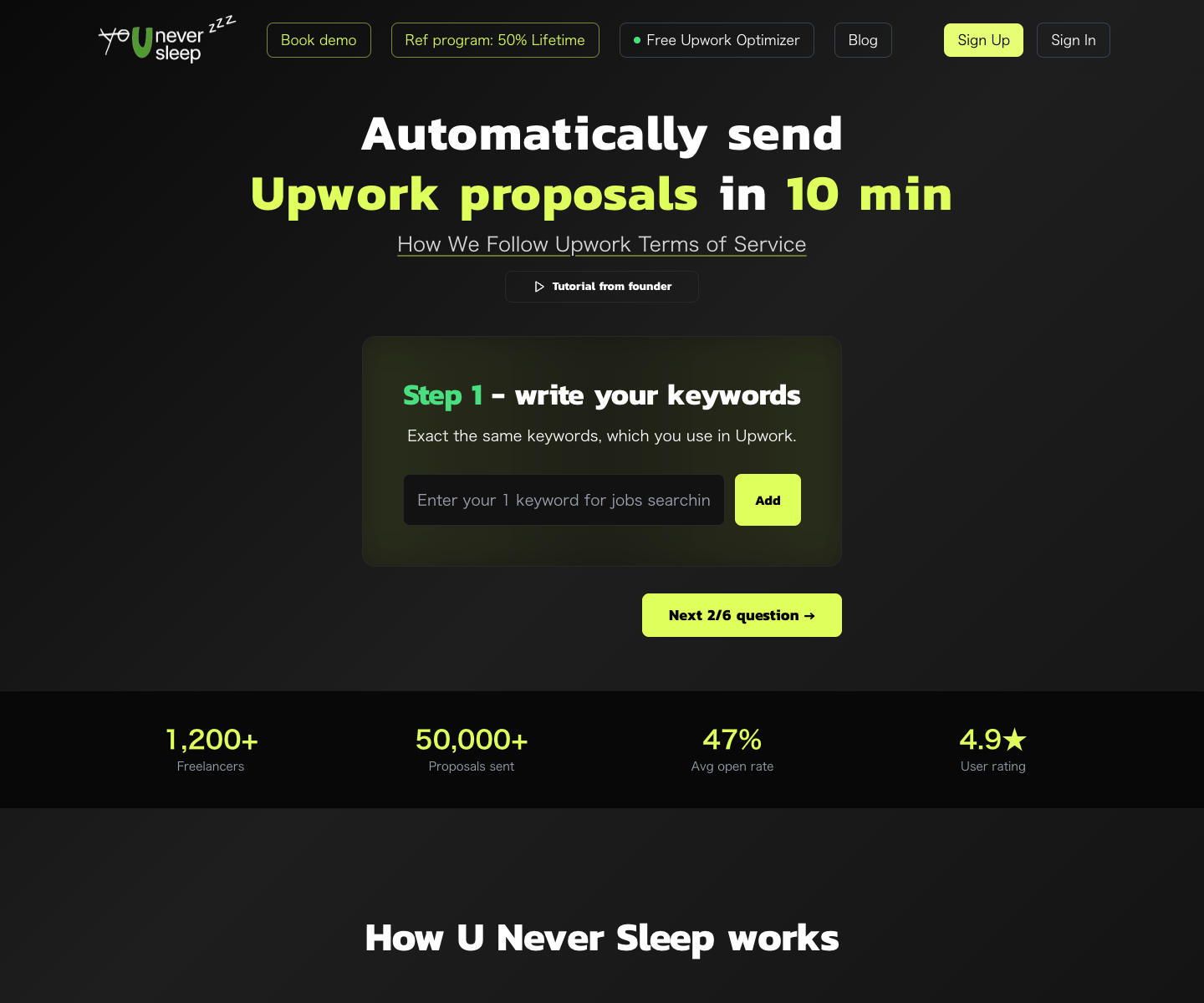 U Never Sleep landing page screenshot