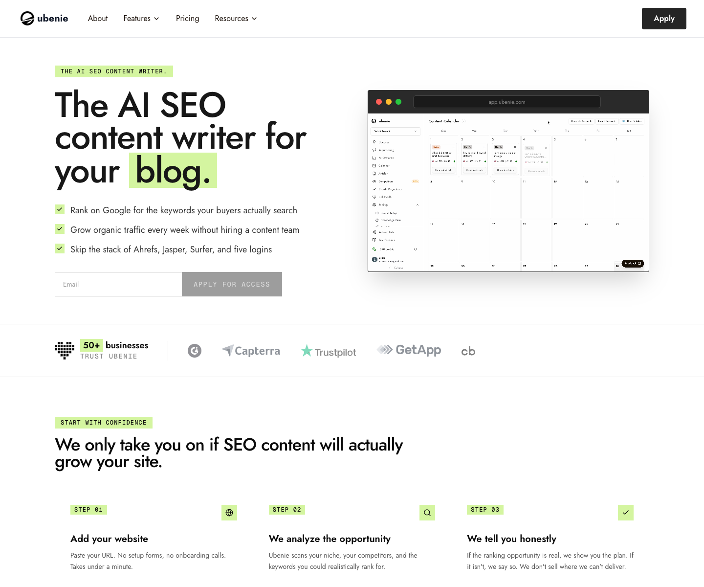 Ubenie landing page screenshot