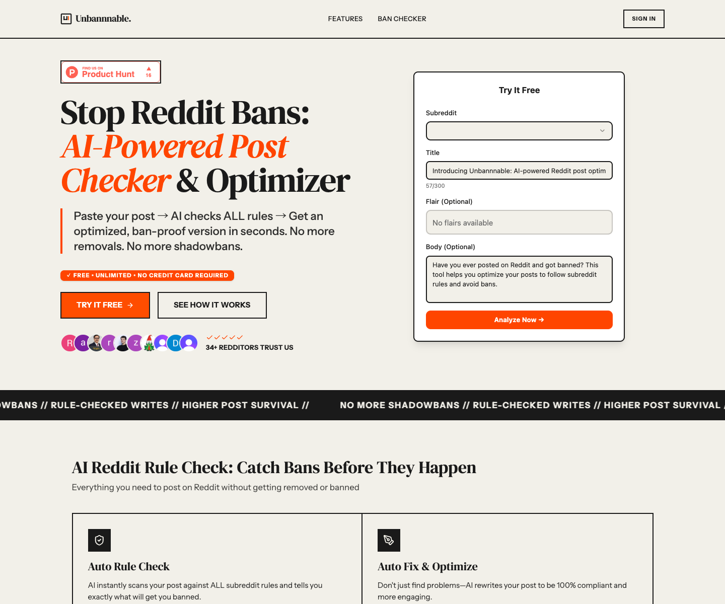 Unbannnable landing page screenshot