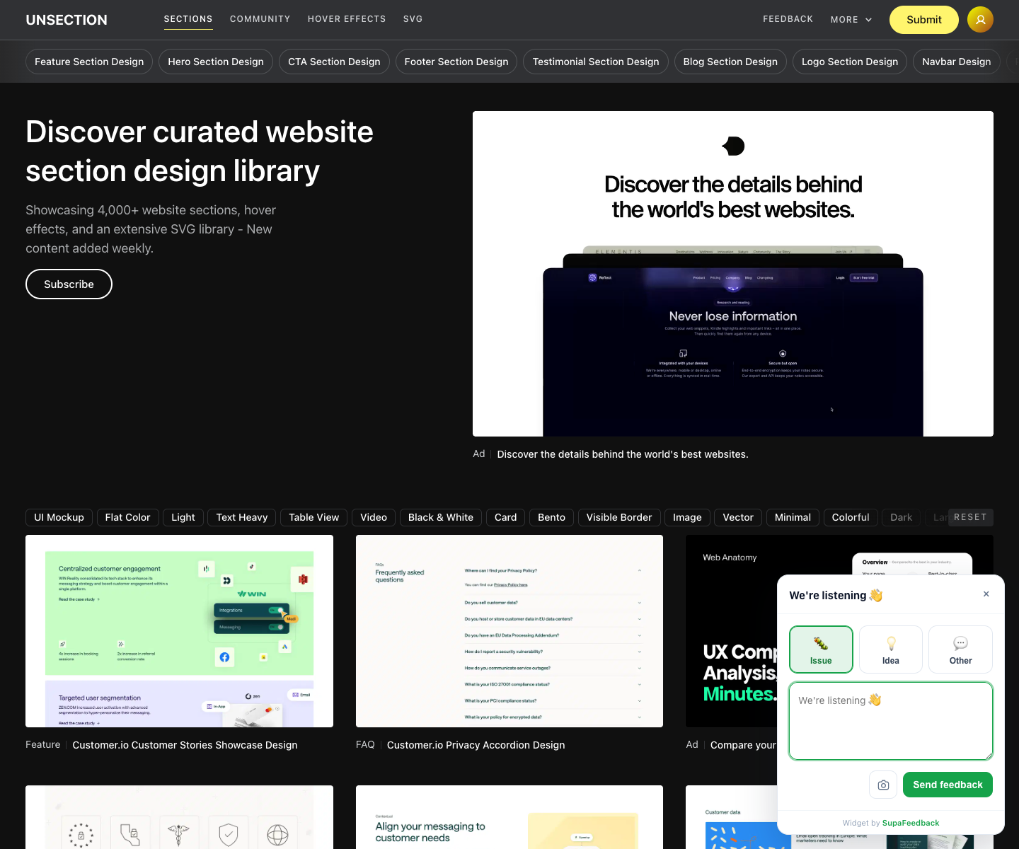 Unsection landing page screenshot