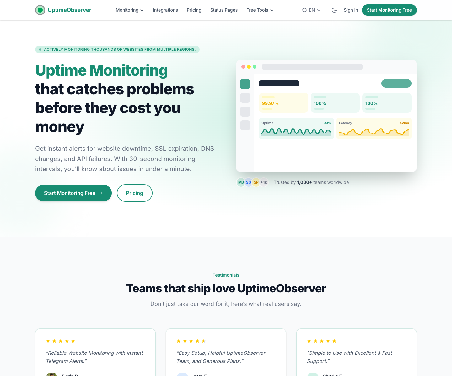 UptimeObserver landing page screenshot