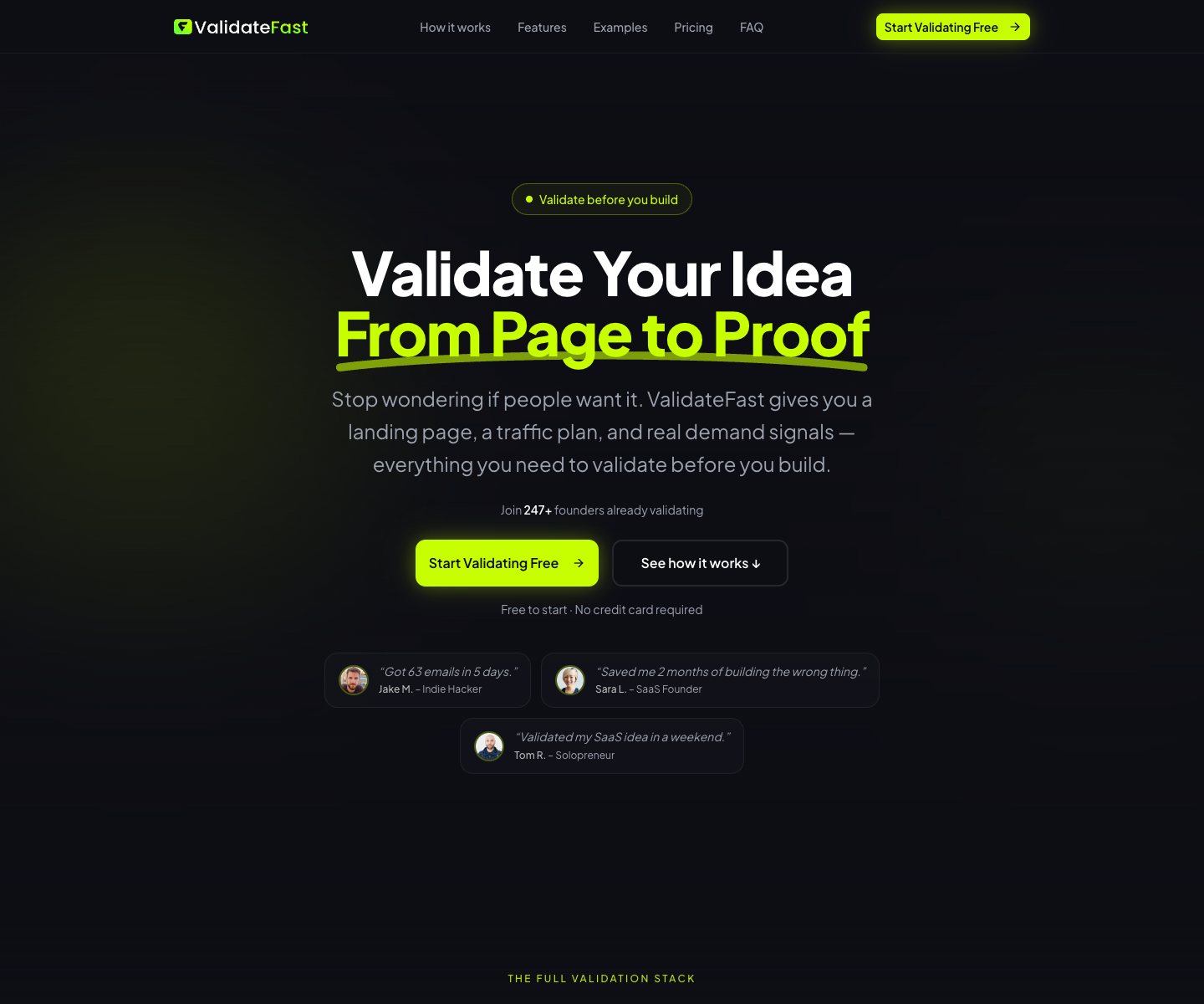 ValidateFast landing page screenshot