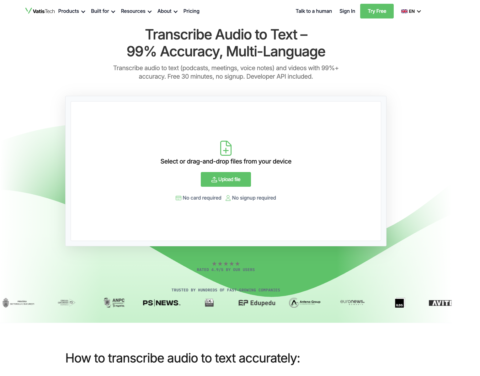 Vatis Tech landing page screenshot