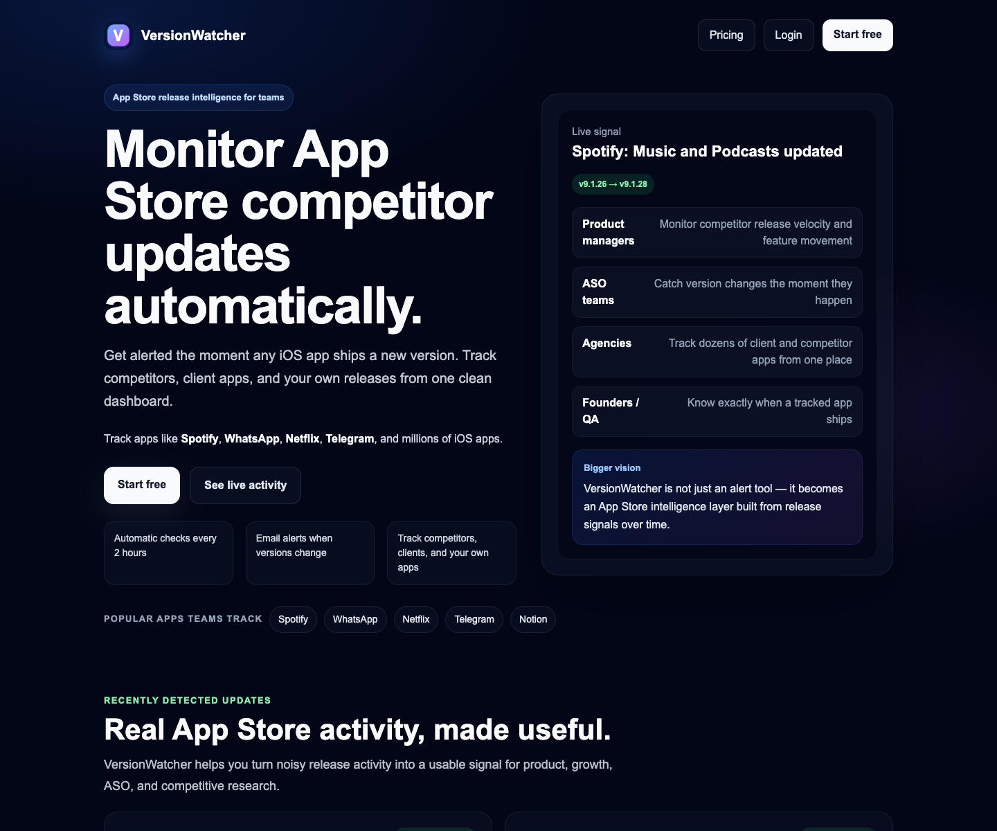VersionWatcher landing page screenshot