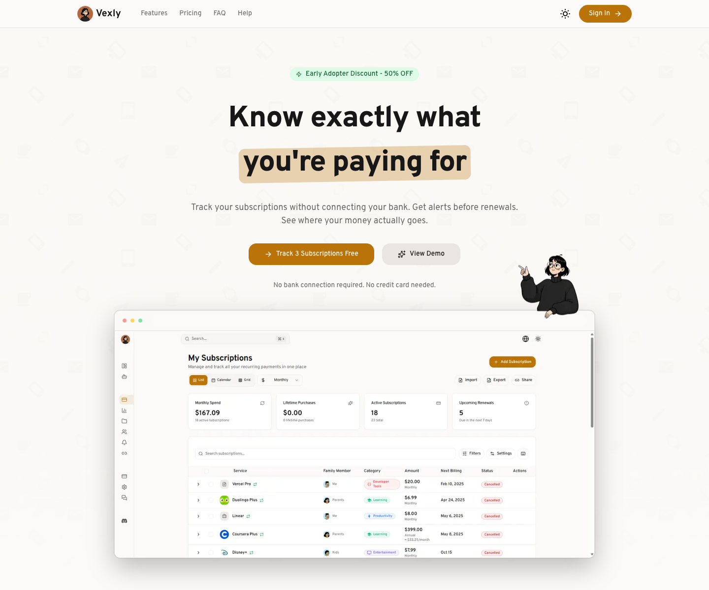 Vexly landing page screenshot