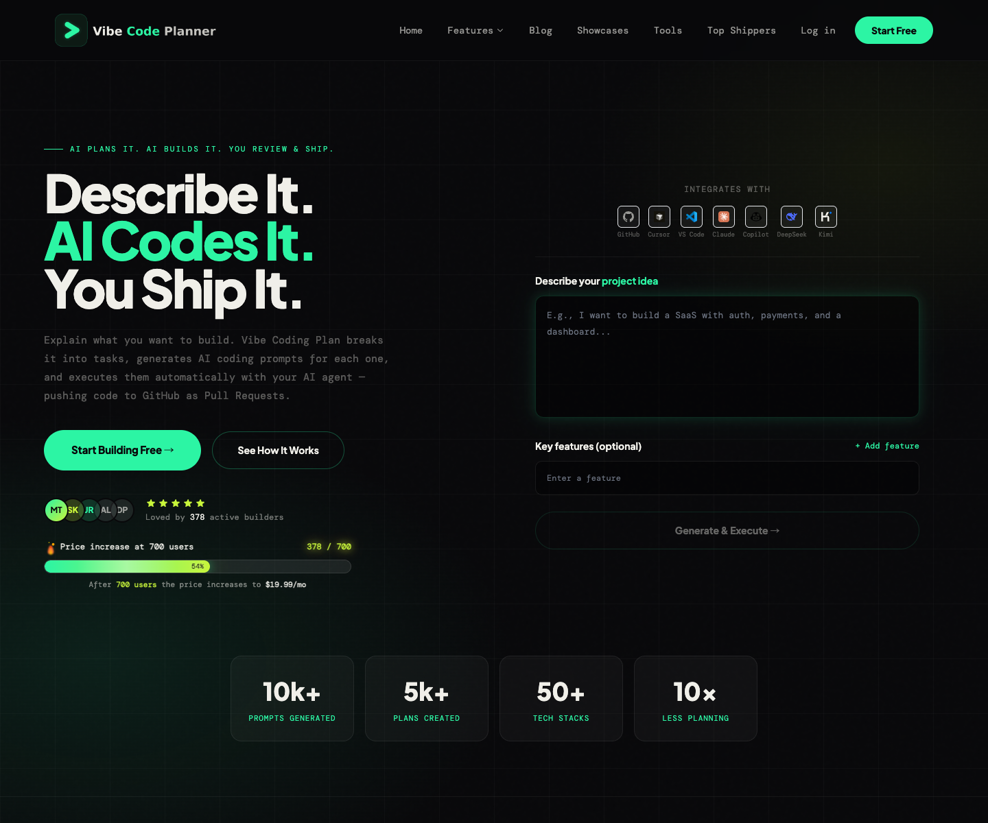 Vibe Code Planner landing page screenshot