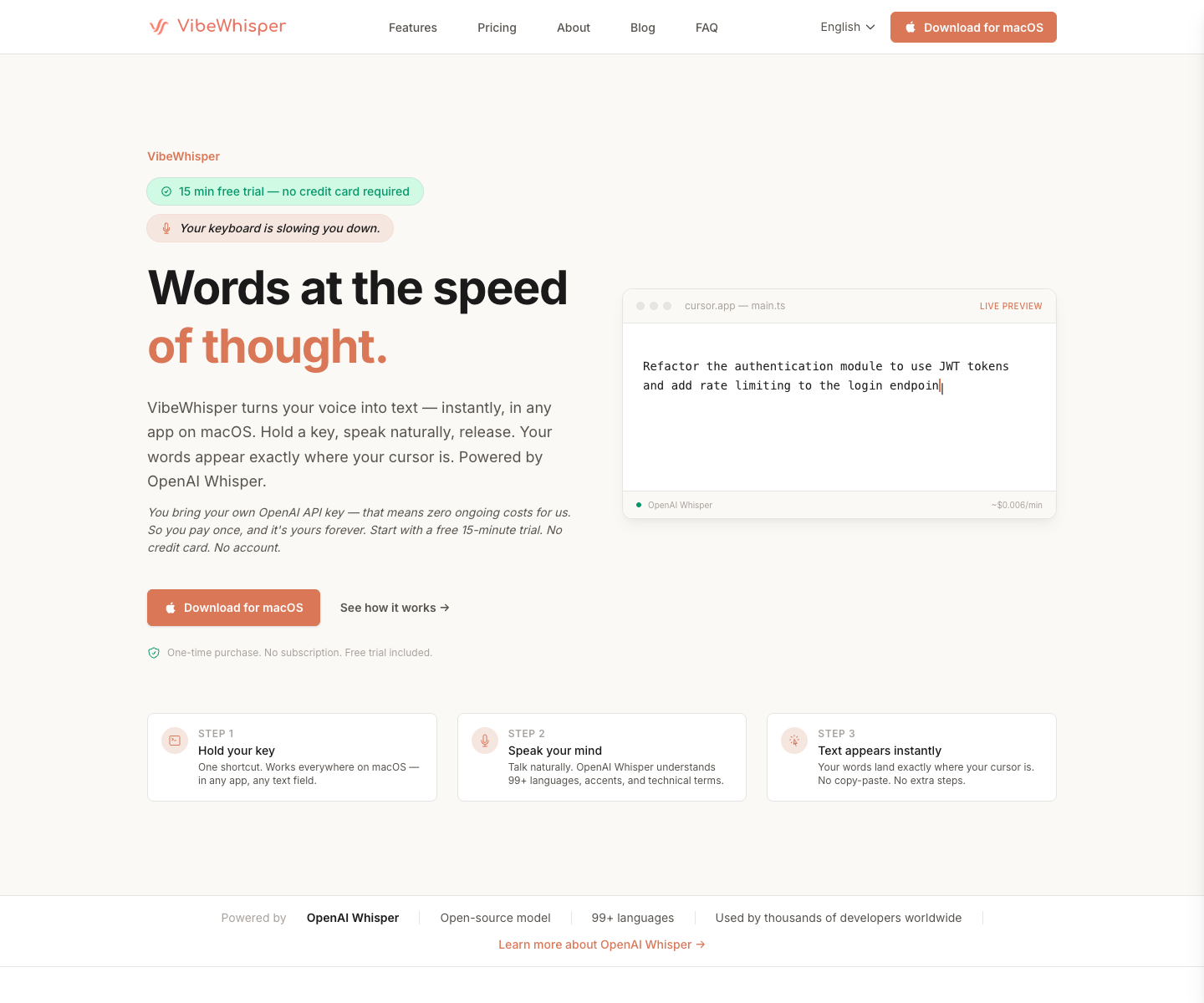 VibeWhisper landing page screenshot